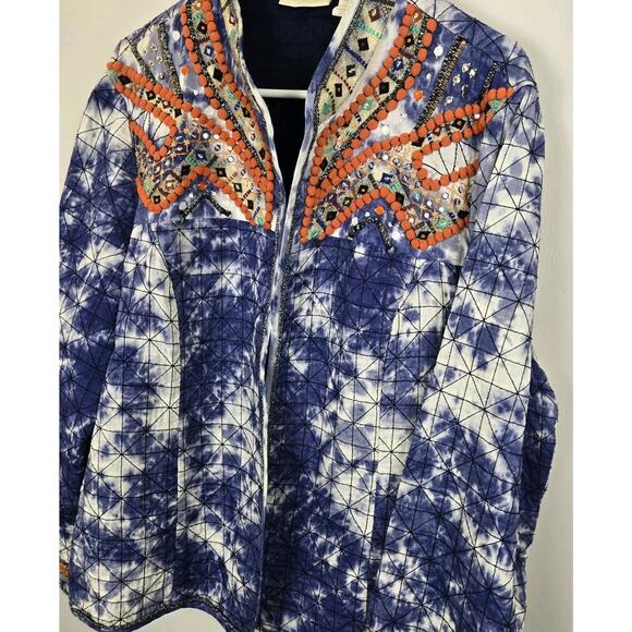 Chico's Quilted Jacket Blue Tie Dye Shibori Open Front Embroidered Sz 3 (XL) - Picture 2 of 8
